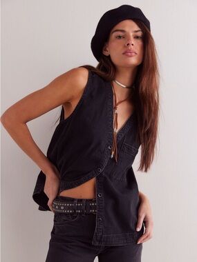 Free People Black Denim Southside Vest NWT